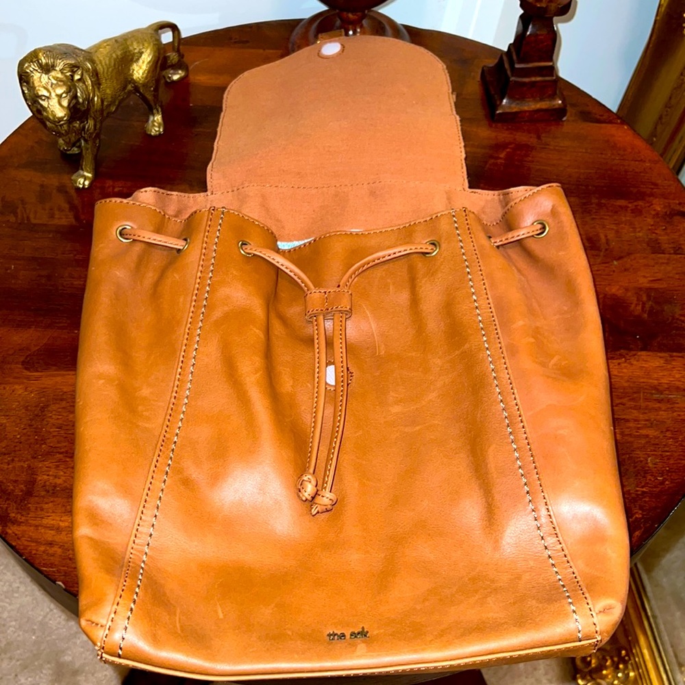 The Sak Avalon Women’s Tan Brown Leather/Cotton Patchwork Flap Backpack 15X12X6 - Picture 3 of 5